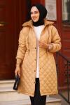 Yakası Kürklü Tesettür Mont Camel
