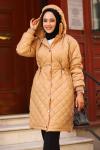 Yakası Kürklü Tesettür Mont Camel