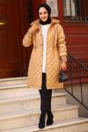 Yakası Kürklü Tesettür Mont Camel