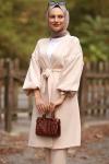 Balon Kol Kemerli Ceket Pantolon Tesettür Takım Krem