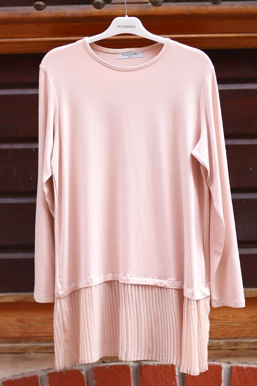 Piliseli Kollu Penye İçlik Bej