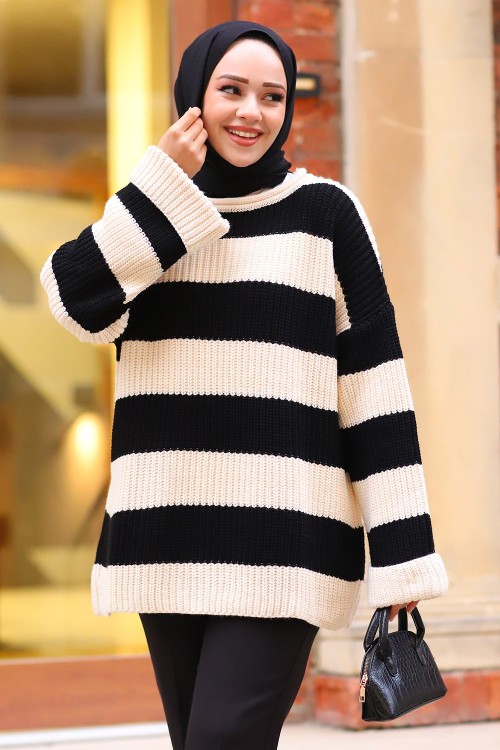 Kalın Çizgili Premium Triko Kazak Siyah