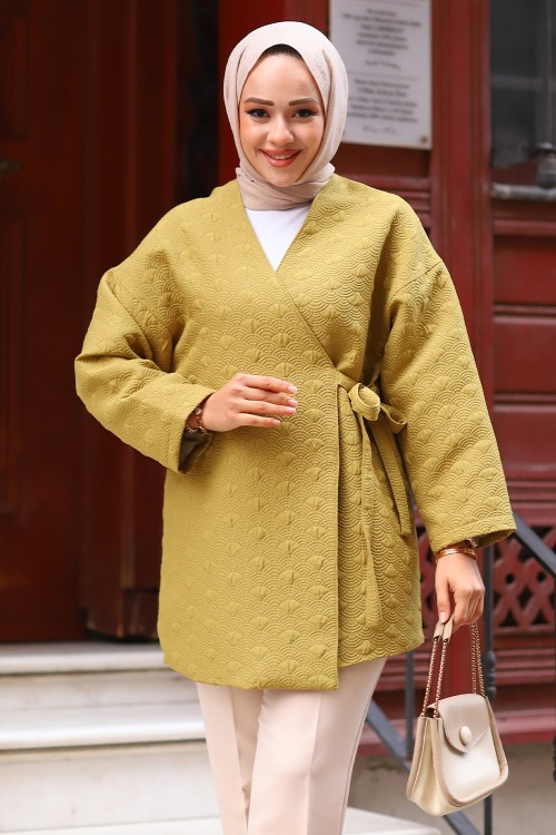 Kapitone Astarlı Bağlamalı Ceket Yağ Yeşili