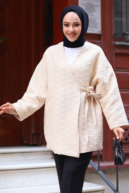 Kapitone Astarlı Bağlamalı Ceket Bej