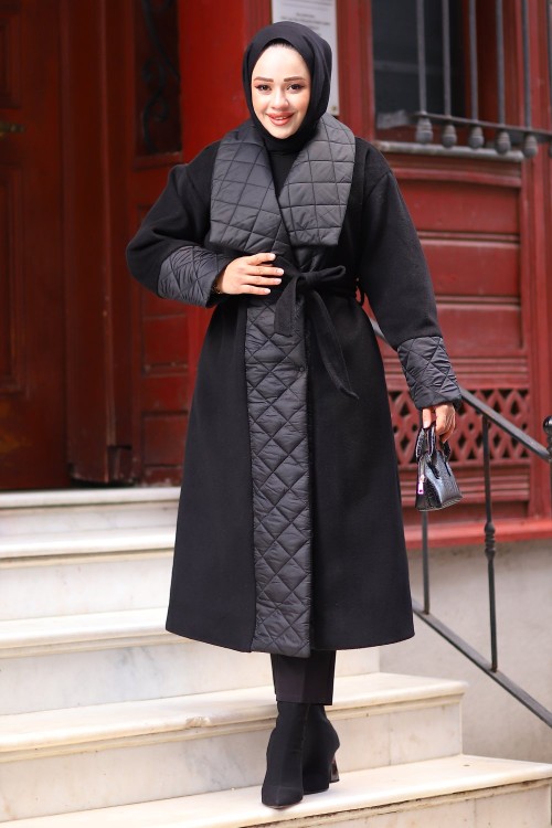 Kapitone Detaylı Astarlı Kaşe Tesettür Siyah