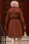 Önü Düğmeli Kolu Kemerli Tesettür Trençkot Acı Kahve