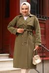 Altı Düğme Detaylı Kuşaklı Tesettür Trençkot Haki