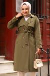 Altı Düğme Detaylı Kuşaklı Tesettür Trençkot Haki