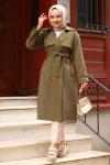 Altı Düğme Detaylı Kuşaklı Tesettür Trençkot Haki