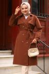 Altı Düğme Detaylı Kuşaklı Tesettür Trençkot Acı Kahve