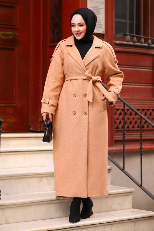 Omzu Düğmeli MC Premium Kaşe Kaban Taba