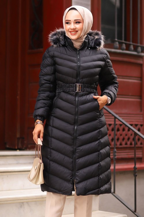 Kemerli Tam Dolum Tesettür Mont Siyah