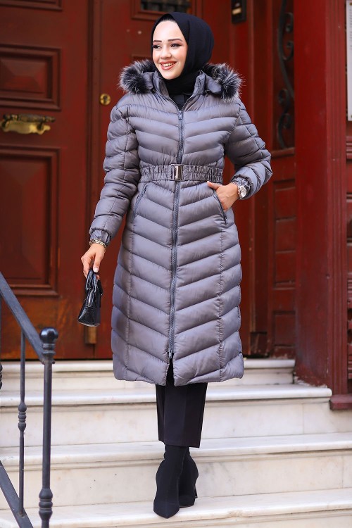 Kemerli Tam Dolum Tesettür Mont Gri