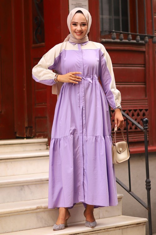 Biye Detay Tesettür Elbise Lila 2