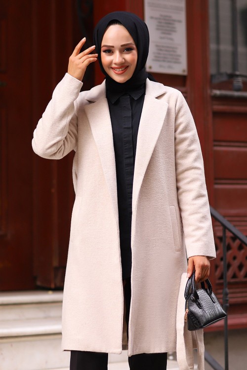 Kuşaklı Astarlı Kaşe Kaban Bej 2