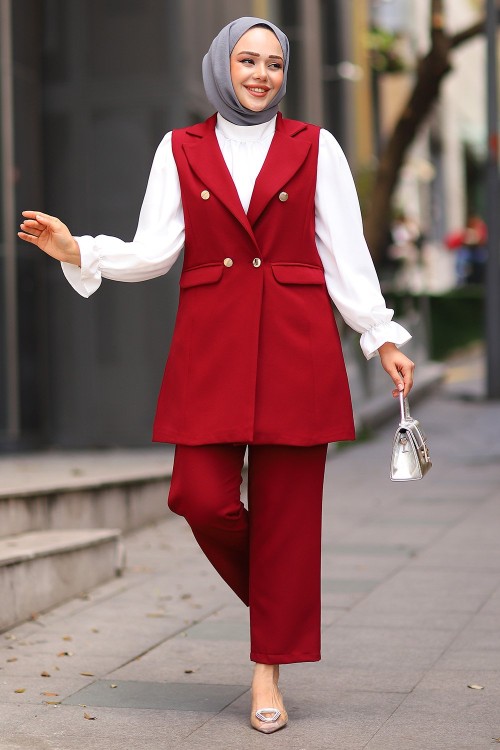 Kruvaze Yaka Tesettür Yelekli Üçlü Takım Bordo