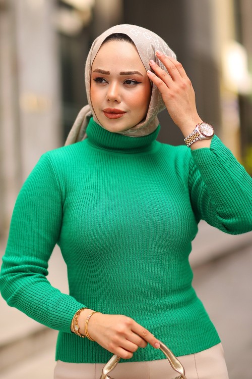 Triko Boğazlı Tesettür Kazak Yeşil 2