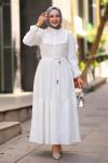 Dantel Güpür Tesettür Elbise Ekru