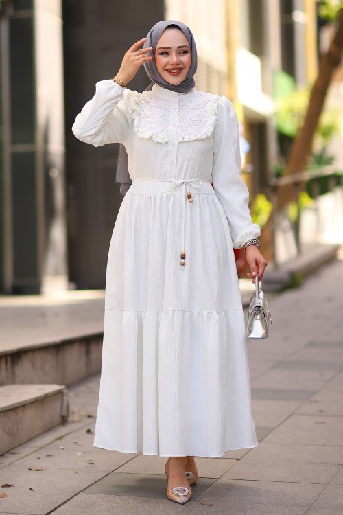 Dantel Güpür Tesettür Elbise Ekru
