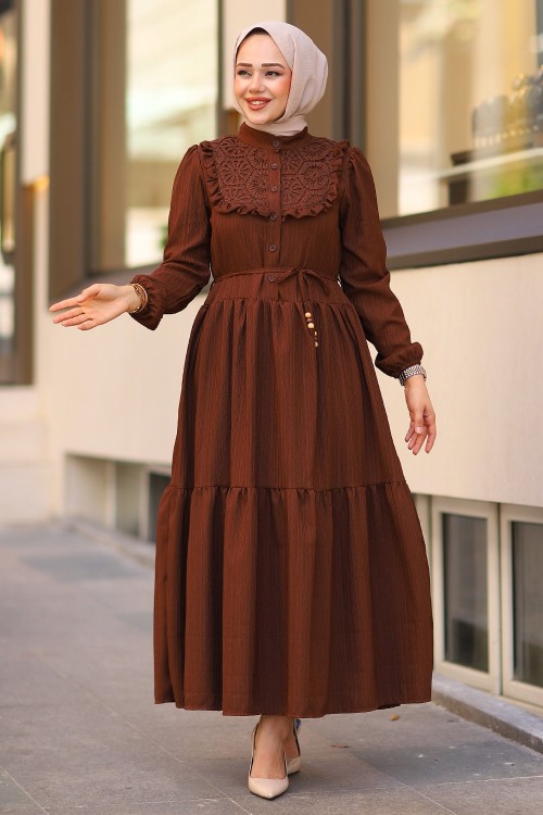 Dantel Güpür Tesettür Elbise Acı Kahve