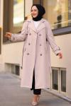 Fermuar Detay Tesettür Trençkot Bej