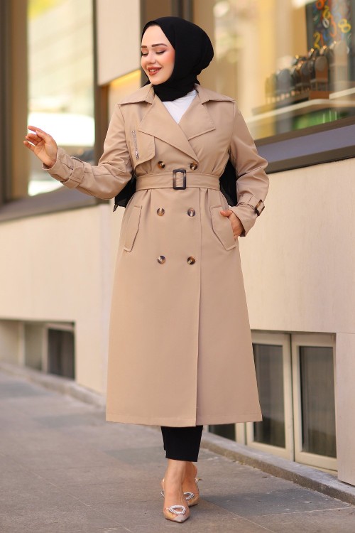 Fermuar Detay Tesettür Trençkot Camel