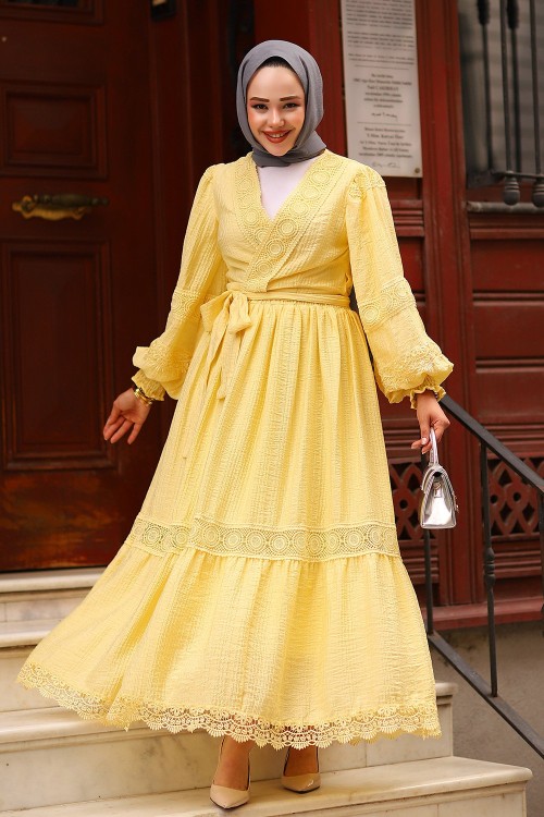 Dantel Detay Tesettür Takım Sarı
