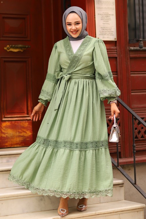 Dantel Detay Tesettür Takım Yeşil