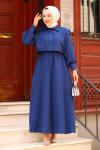 Üstü Kroplu Tasarım Tesettür Elbise Lacivert