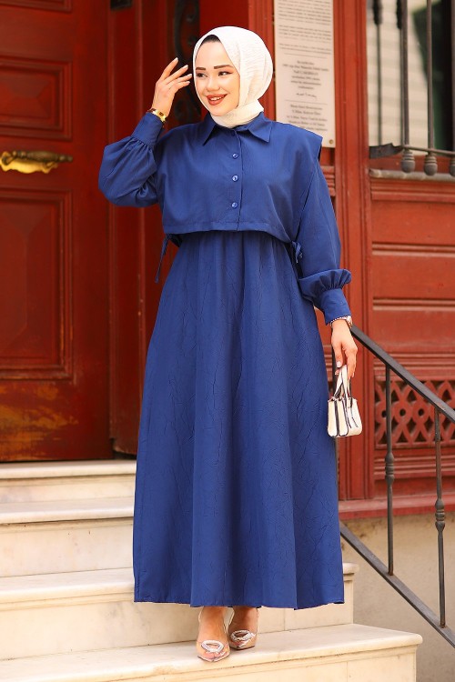 Üstü Kroplu Tasarım Tesettür Elbise Lacivert