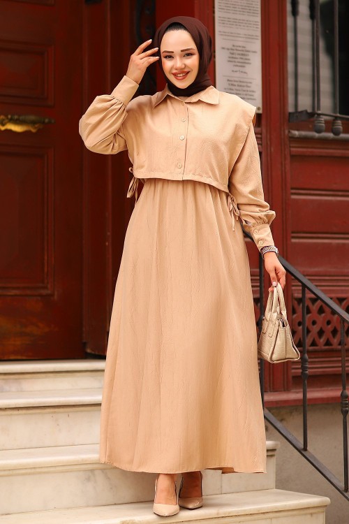Üstü Kroplu Tasarım Tesettür Elbise Camel