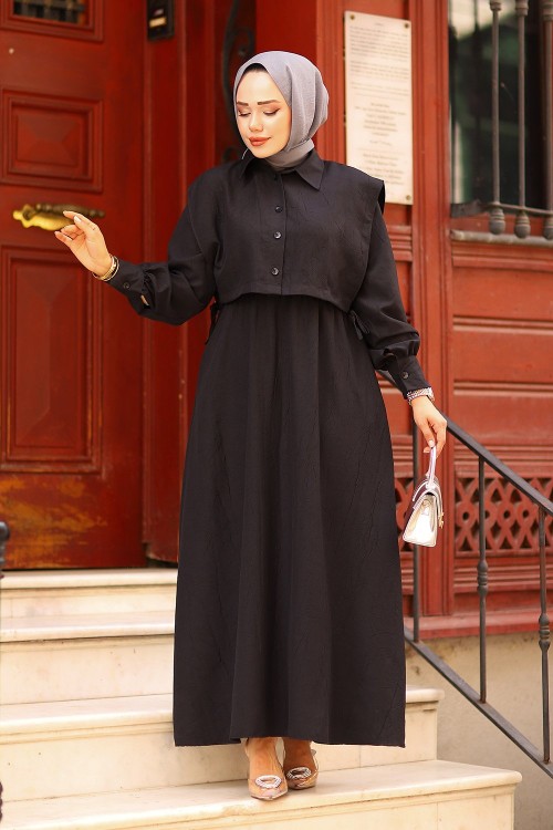 Üstü Kroplu Tasarım Tesettür Elbise Siyah