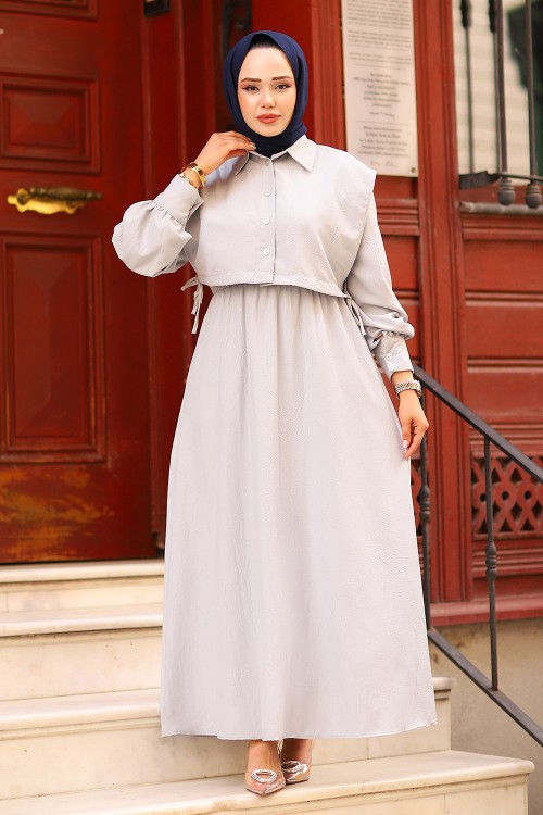 Üstü Kroplu Tasarım Tesettür Elbise Gri