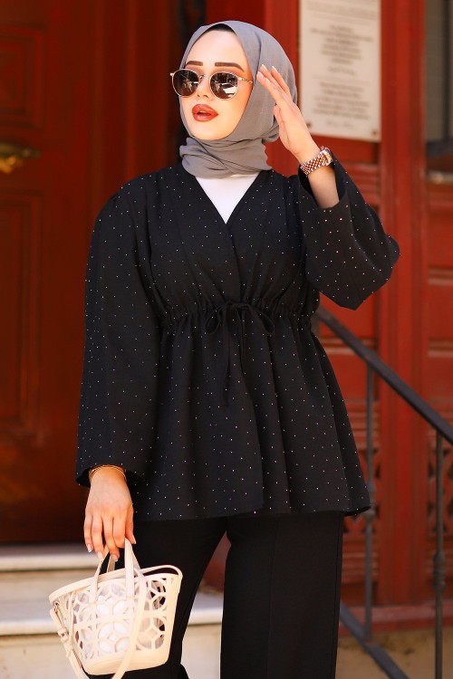 Taşlı Keten Tesettür Takım Siyah