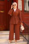 Bağlamalı Keten Tesettür Takım Acı Kahve