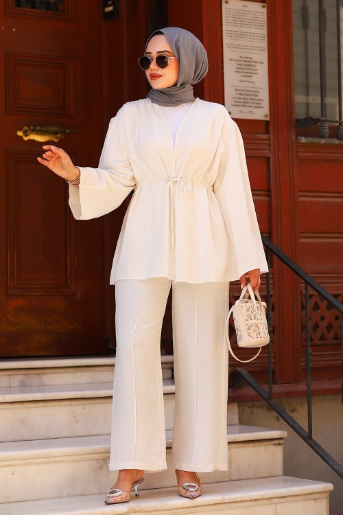 Bağlamalı Keten Tesettür Takım Ekru