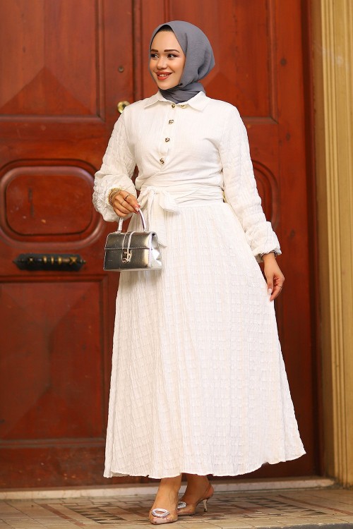 Bağlama Detay Tesettür Etekli Takım Ekru