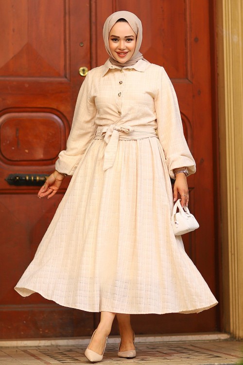 Bağlama Detay Tesettür Etekli Takım Bej