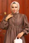 Güpür ve Düğme Detaylı Elbise Acı Kahve