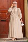 Güpür ve Düğme Detaylı Elbise Bej