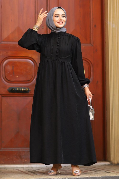 Güpür ve Düğme Detaylı Elbise Siyah
