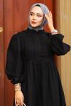 Güpür ve Düğme Detaylı Elbise Siyah