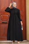 Güpür ve Düğme Detaylı Elbise Siyah