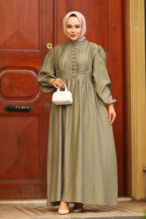 Güpür ve Düğme Detaylı Elbise Yeşil