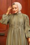 Güpür ve Düğme Detaylı Elbise Yeşil