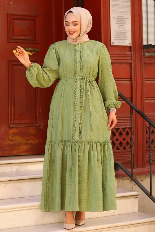 Fırfırlı Astarlı Tesettür Elbise Yeşil