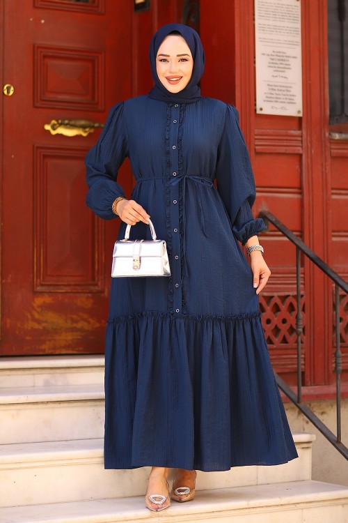 Fırfırlı Astarlı Tesettür Elbise Lacivert