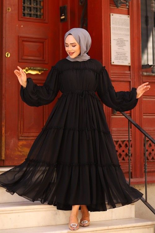 Fırfırlı Tesettür Elbise Siyah