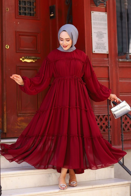 Fırfırlı Tesettür Elbise Bordo
