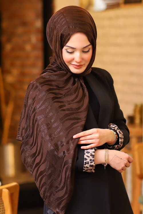 Çift Taraflı İpeksi Pamuk Jakar Kumaş Dalga Desen Tesettür Şal Serisi Acı Kahve